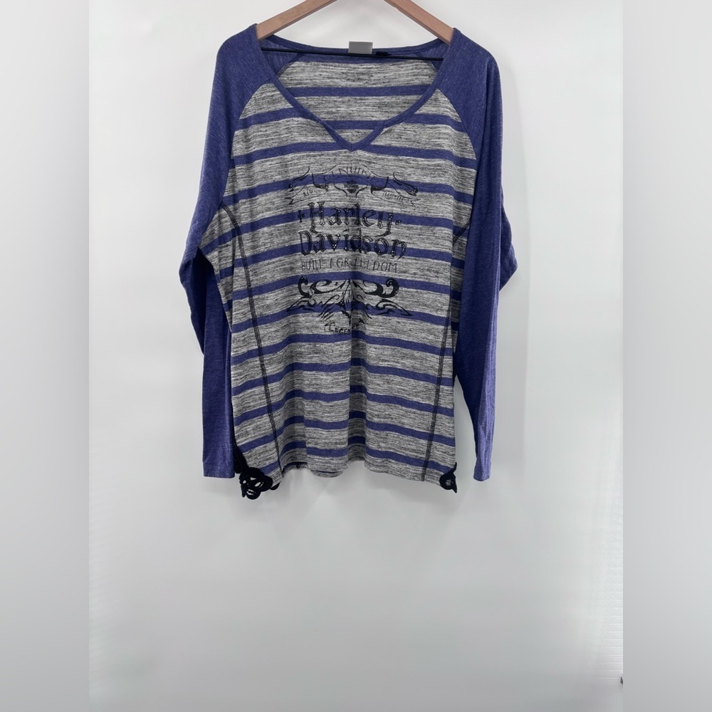 Harley-Davidson Women's Purple and Gray Striped Long Raglan Sleeve Tee Size 2W